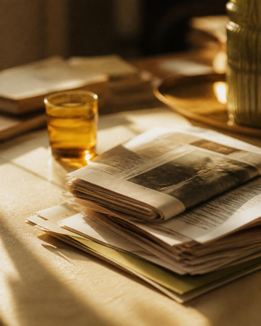 Printed pages and a newspaper in warm afternoon light